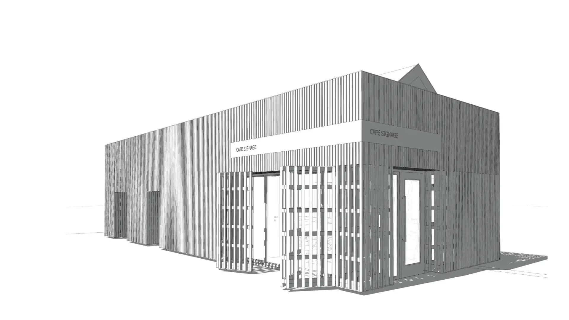 A 3D black and white visualisation showing the timber batten details on the external walls of a modern café shop design located in Queens Park Glasgow Scotland UK. The timber battens slide sideways to allow for the large glass doors to open to the outdoors for clients to enjoy outdoor seating when the weather is nice.
