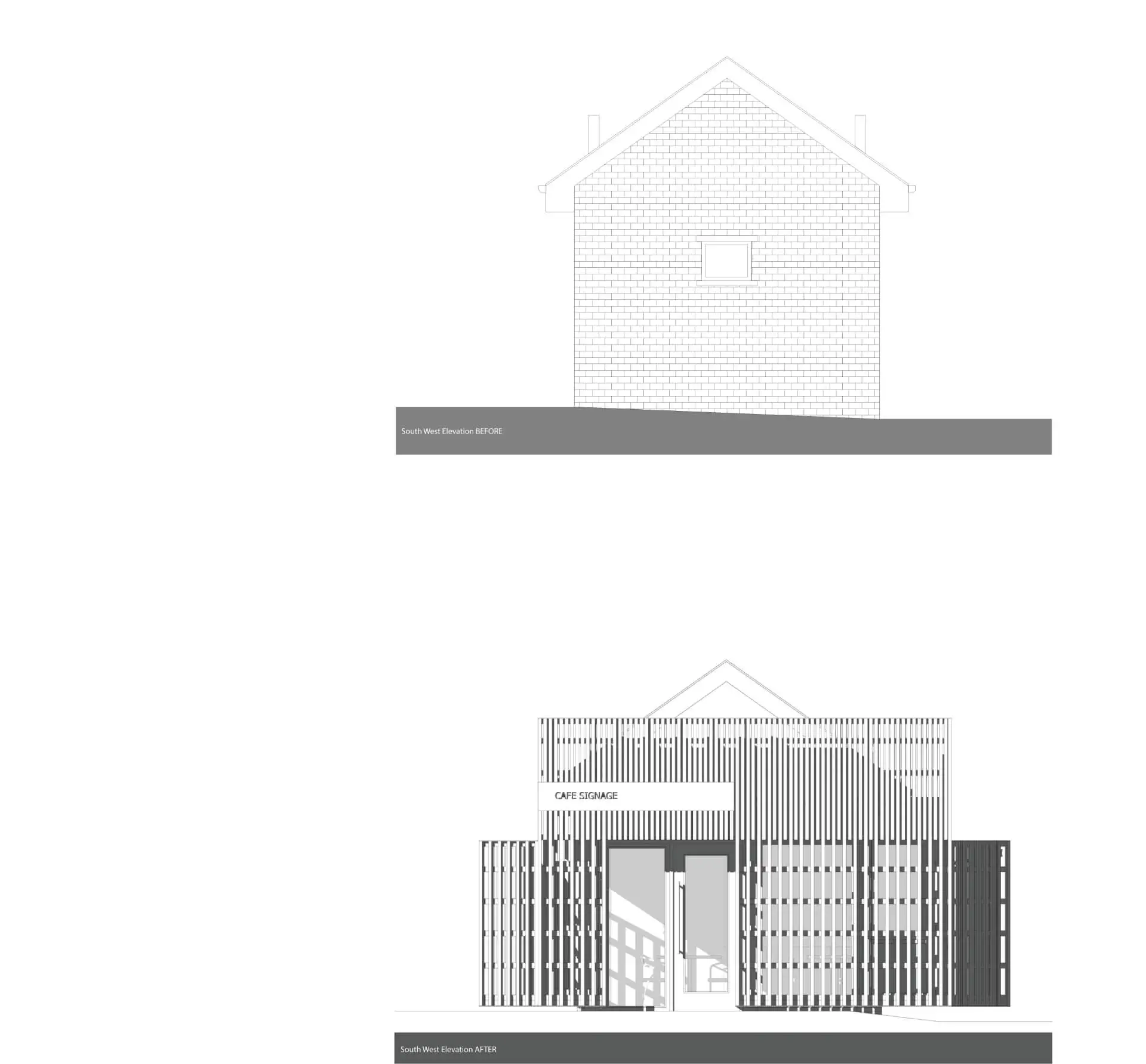 Black and white façade elevations showing the front view comparison between the old brick shell (top) and the new timber batten external skeleton of a recently completed commercial café project in Queens Park, Glasgow, by specialised commercial architect NVDC.