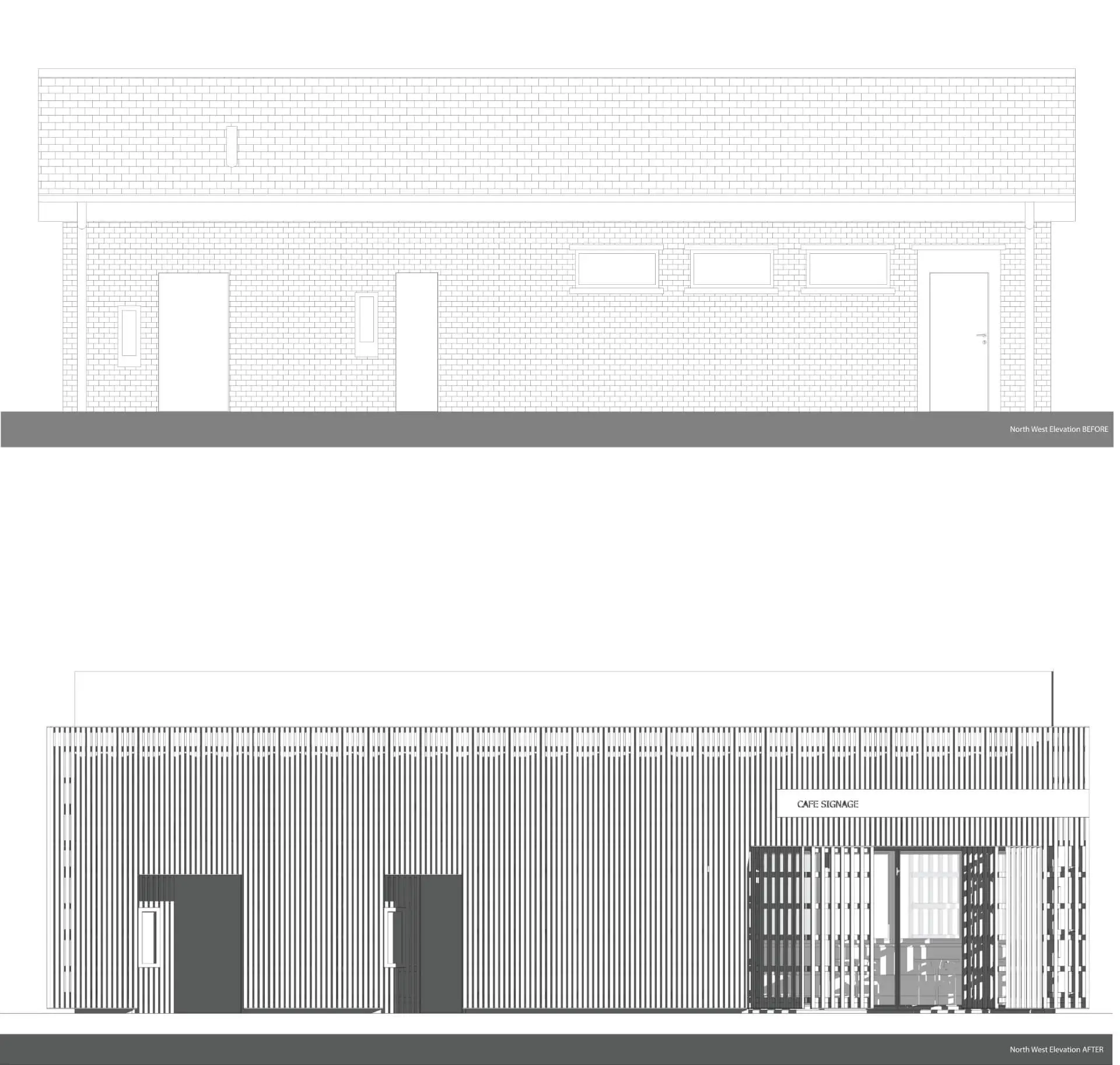 Black and white façade elevations showing the side view comparison between the old brick shell (top) and the new timber batten external skeleton of a recently completed commercial café project in Queens Park, Glasgow, by specialised commercial architect NVDC.