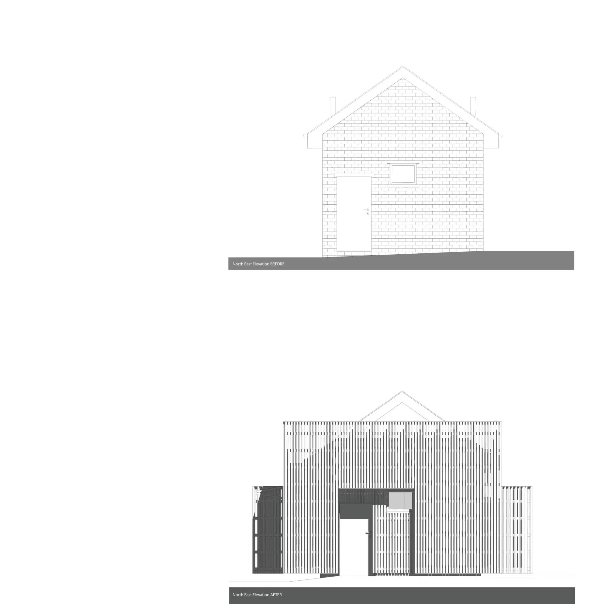 Black and white façade elevations showing the back view comparison between the old brick shell (top) and the new timber batten external skeleton of a recently completed commercial café project in Queens Park, Glasgow, by specialised commercial architect NVDC.