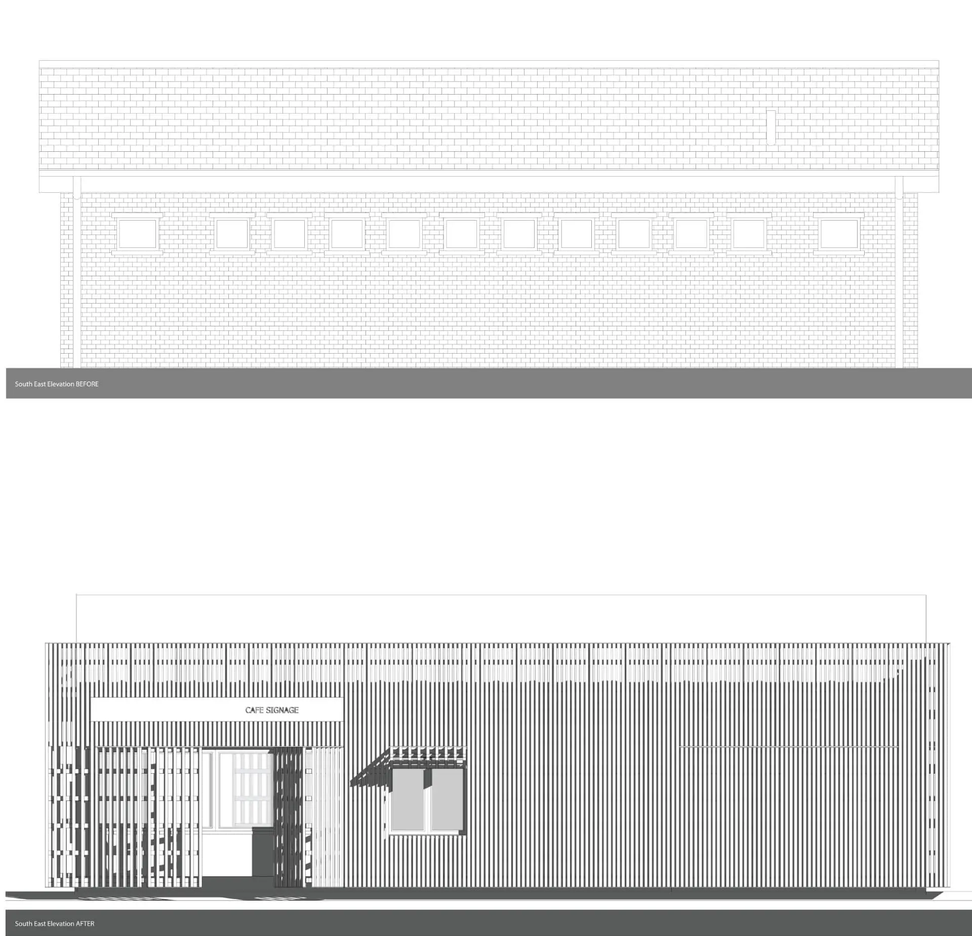 Black and white façade elevations showing the side view comparison between the old brick shell (top) and the new timber batten external skeleton of a recently completed commercial café project in Queens Park, Glasgow, by specialised commercial architect NVDC.