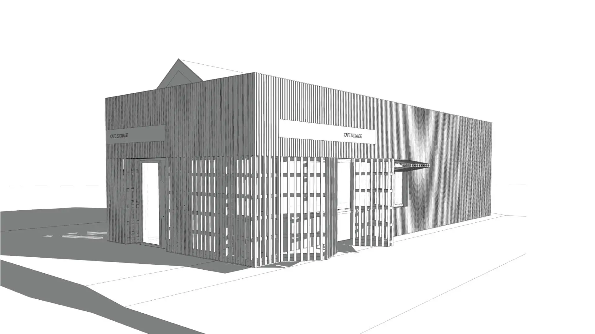 A black and white 3D view of a modern café commercial project with timber battens on the exterior, and cast shadows to showcase the underneath shell through the design.