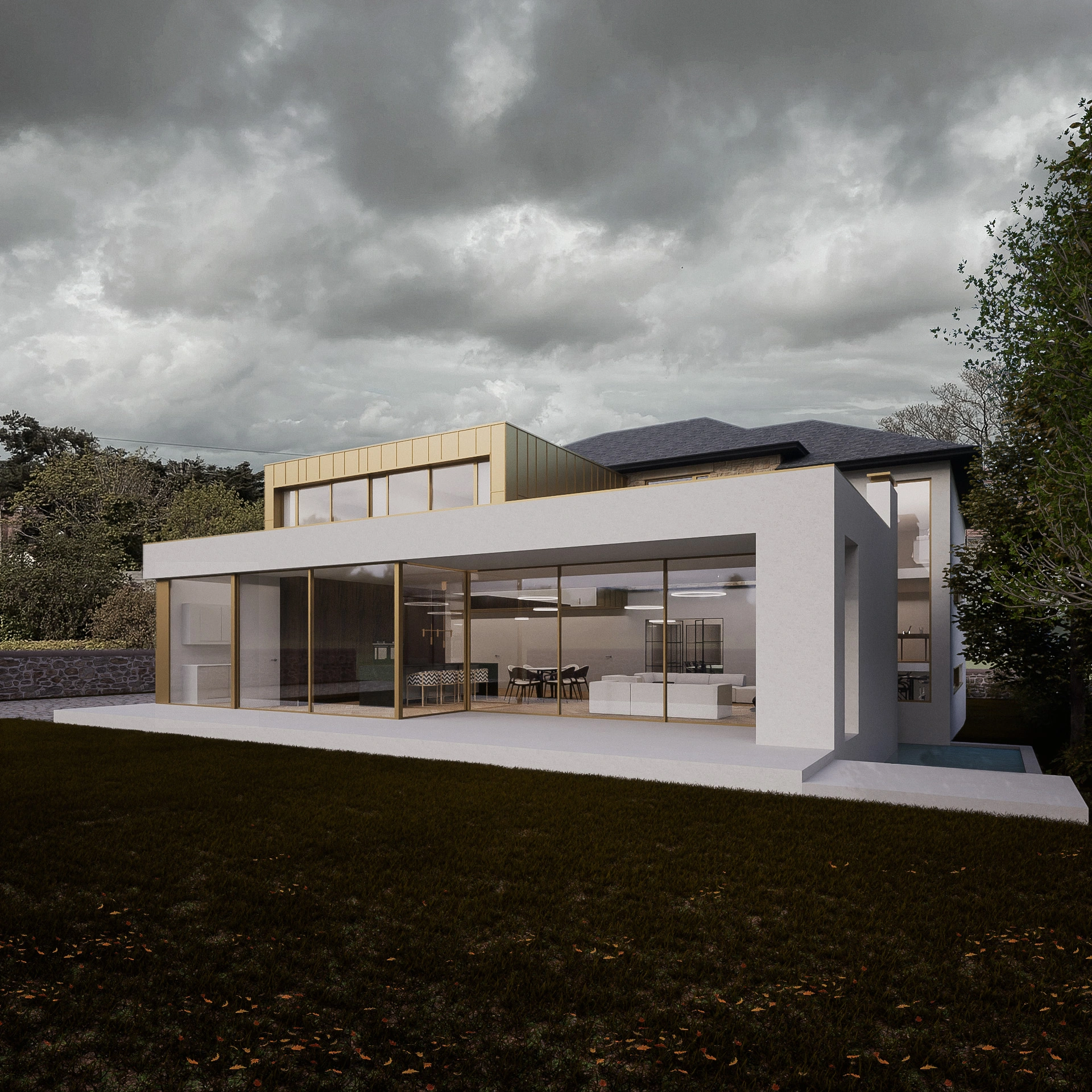 The interior of a contemporary home extension, with a frameless rooflight strip where the walls of the old and new build meet, bespoke lighting design, open-plan-living and dining space and a second storey dormitory, cladded in gold zinc.