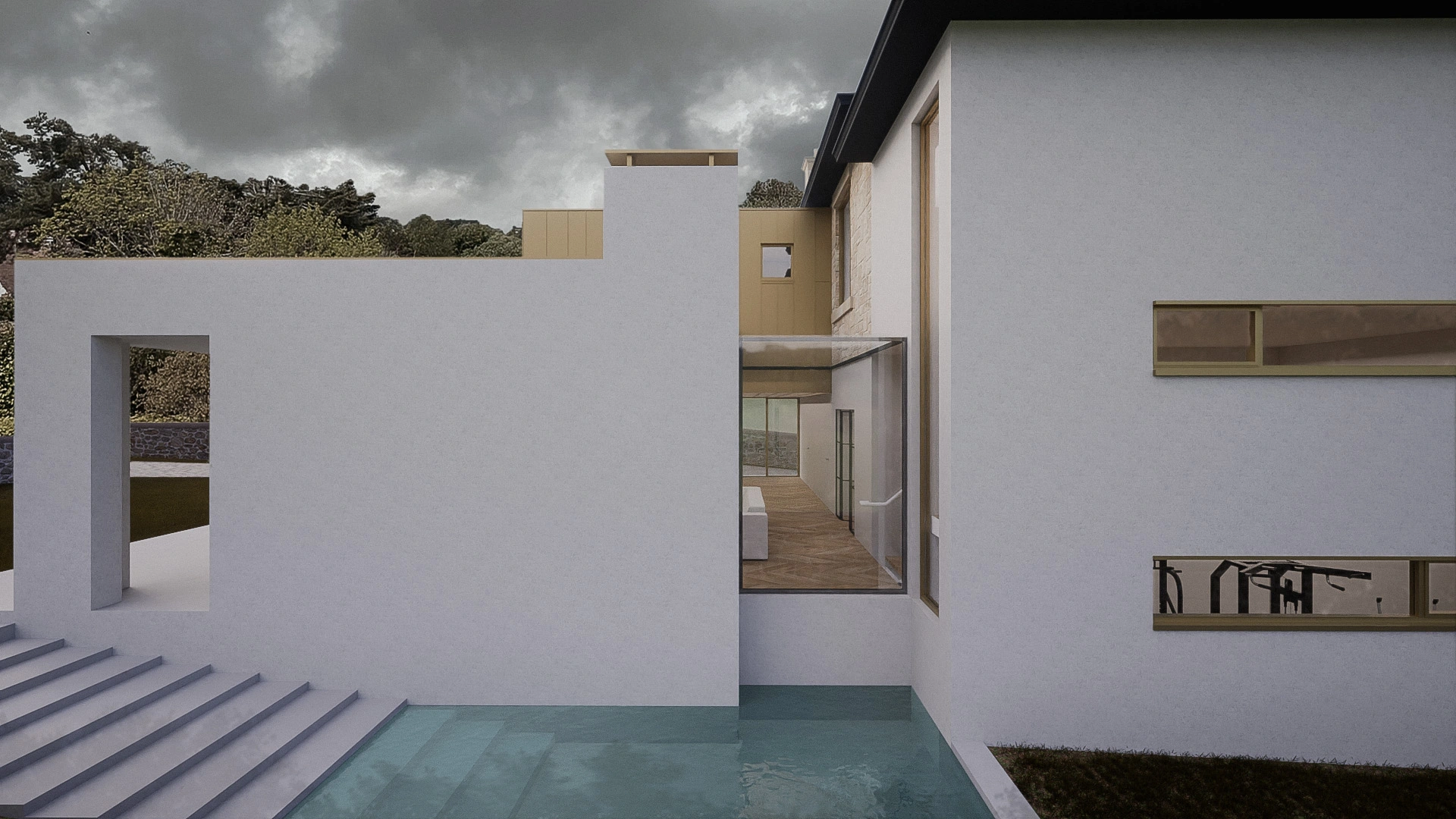A new home extension in Glasgow Southside, with white render walls, blonde sandstone, and golden zinc cladding, with three storeys and a pool with steps leading into the water.