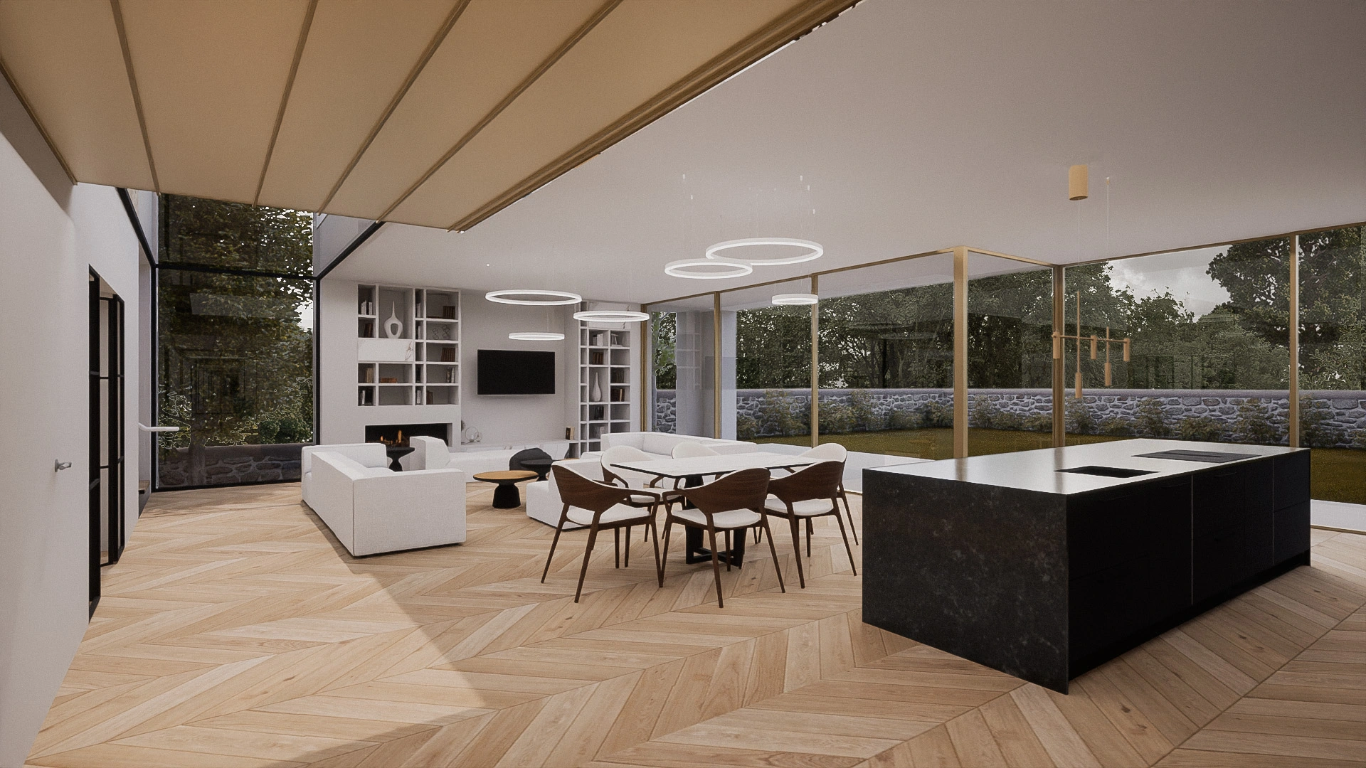 A new bespoke home design interior open-plan-living and dining space with hardwood floors, white walls, modern lighting feature and floor-to-ceiling windows looking towards the back garden.