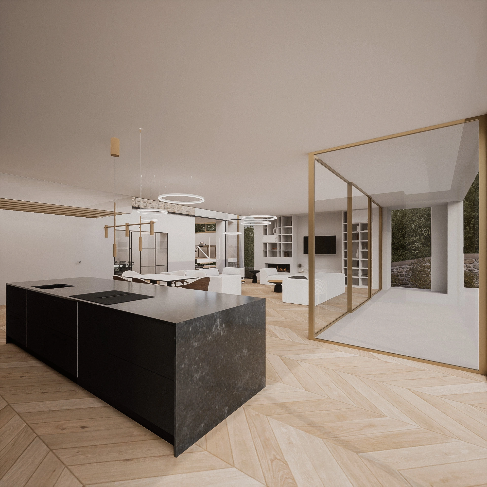 The interior of a contemporary home extension, with a frameless rooflight strip where the walls of the old and new build meet, bespoke lighting design, open-plan-living and dining space and a second storey dormitory, cladded in gold zinc.