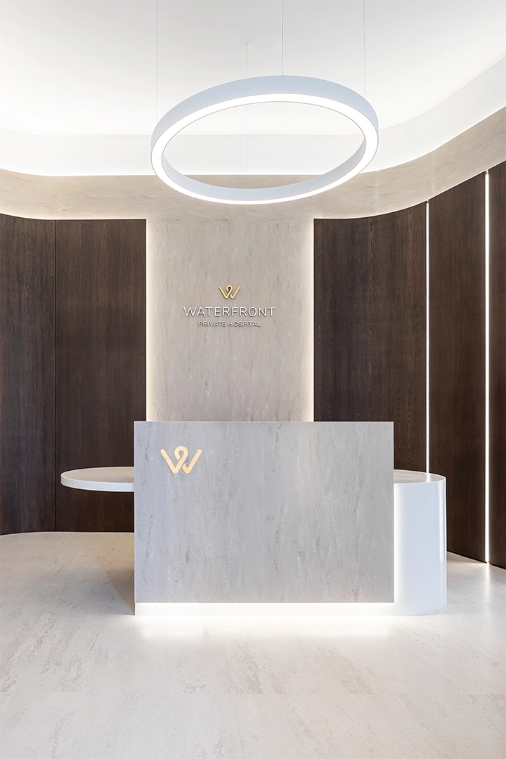Bespoke Stone Reception Desk Lighting LED New Healthcare Hospital Private Cosmetic Clinic Design NVDC Architects