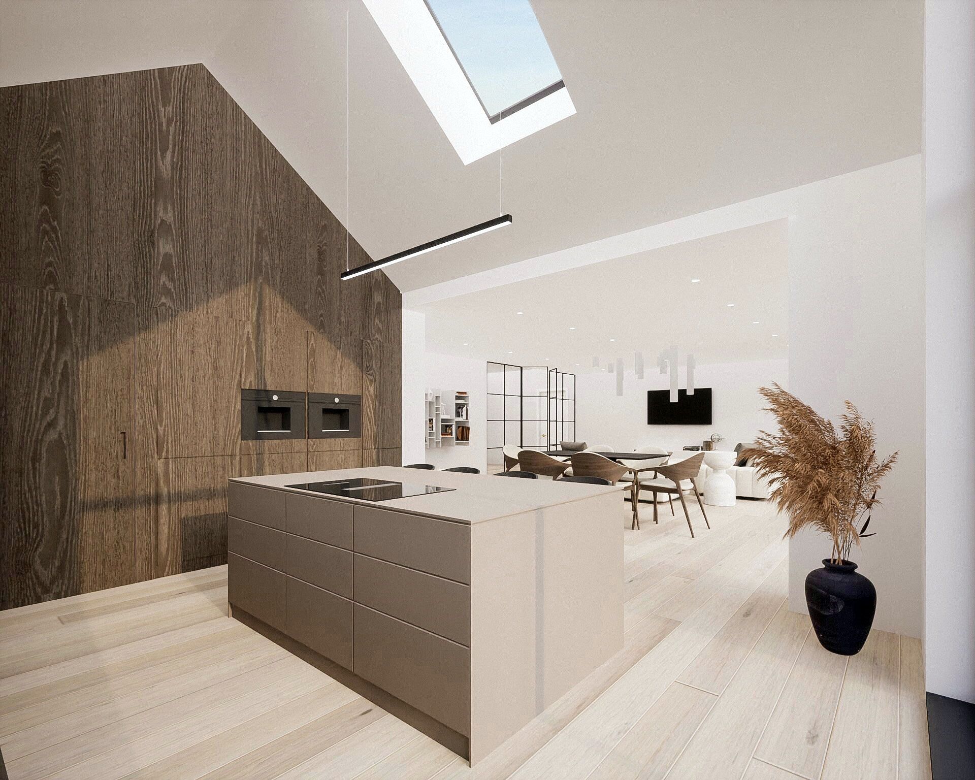 A spacious kitchen with a white and soft brown kitchen island in the middle, a rooflight directly above it, a dark timber cupboard double-height wall, and a large window on the side letting in lots of natural light and making the luxurious home renovation interior shine, while enjoying views to the back garden.